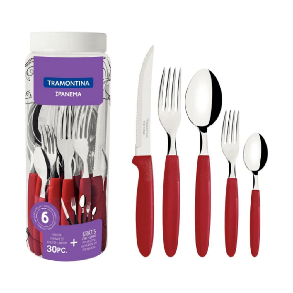 Faqueiro Ipanema Vermelho 30 peças Tramontina aço inox + pote Multiuso
