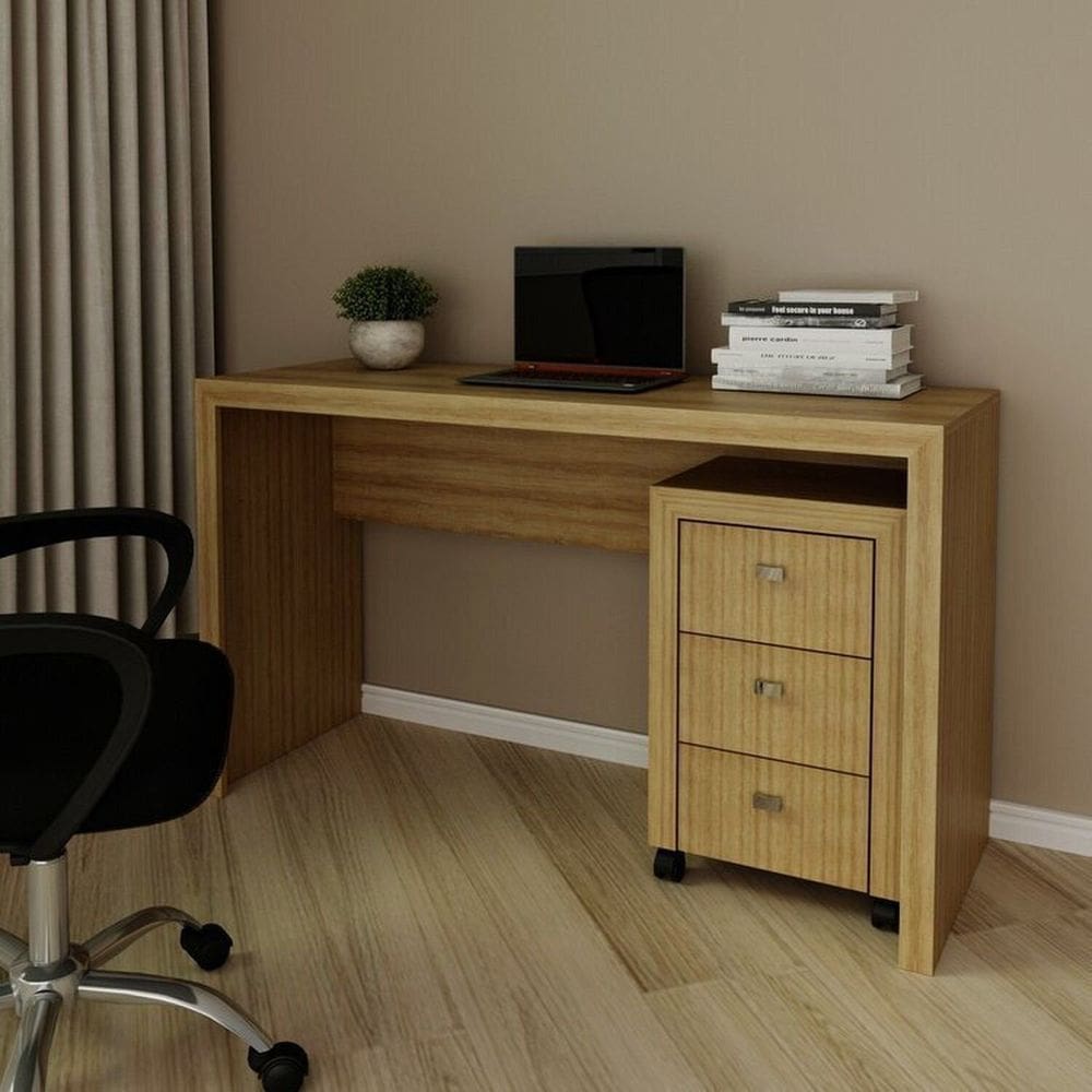 Conjunto 1 Mesa para Escritório 1 Gaveteiro 3 Gavetas Amendoa