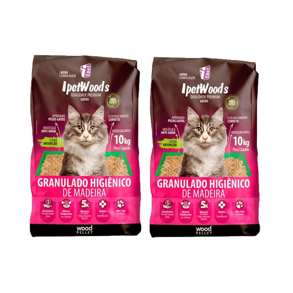 Kit 2 Granulado Higiênico De Madeira Ipet Wood s Gatos 10kg