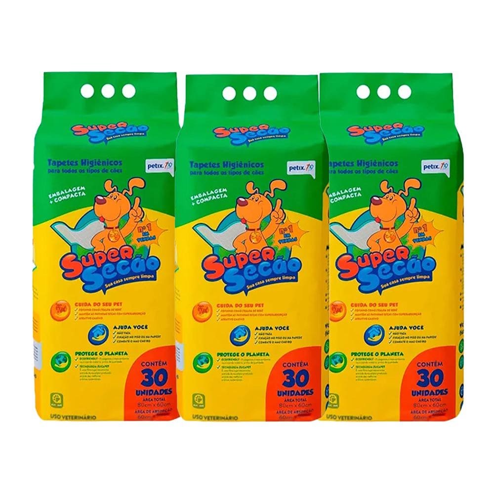 Kit 3 Tapete Higiênico Cães Super Secão Petix C/30 Unidades