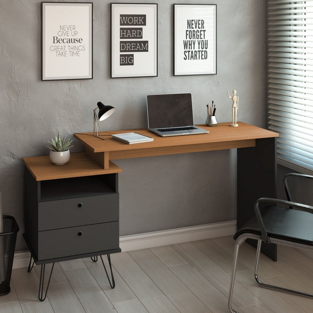 Escrivaninha com Regulagem Estilo Industrial 2 Gavetas Plus Freijó/Preto