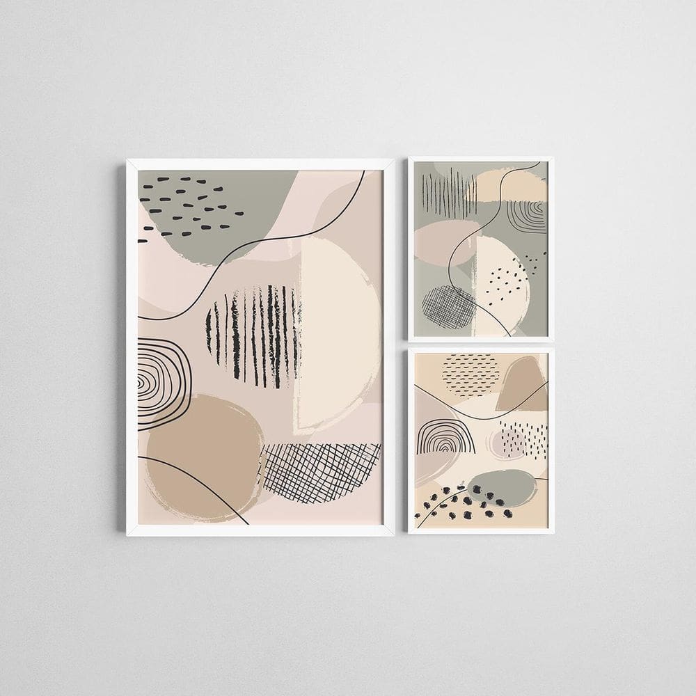 Kit 3 Quadros Moldura Branca Abstrato 20X30Cm E 40X60Cm