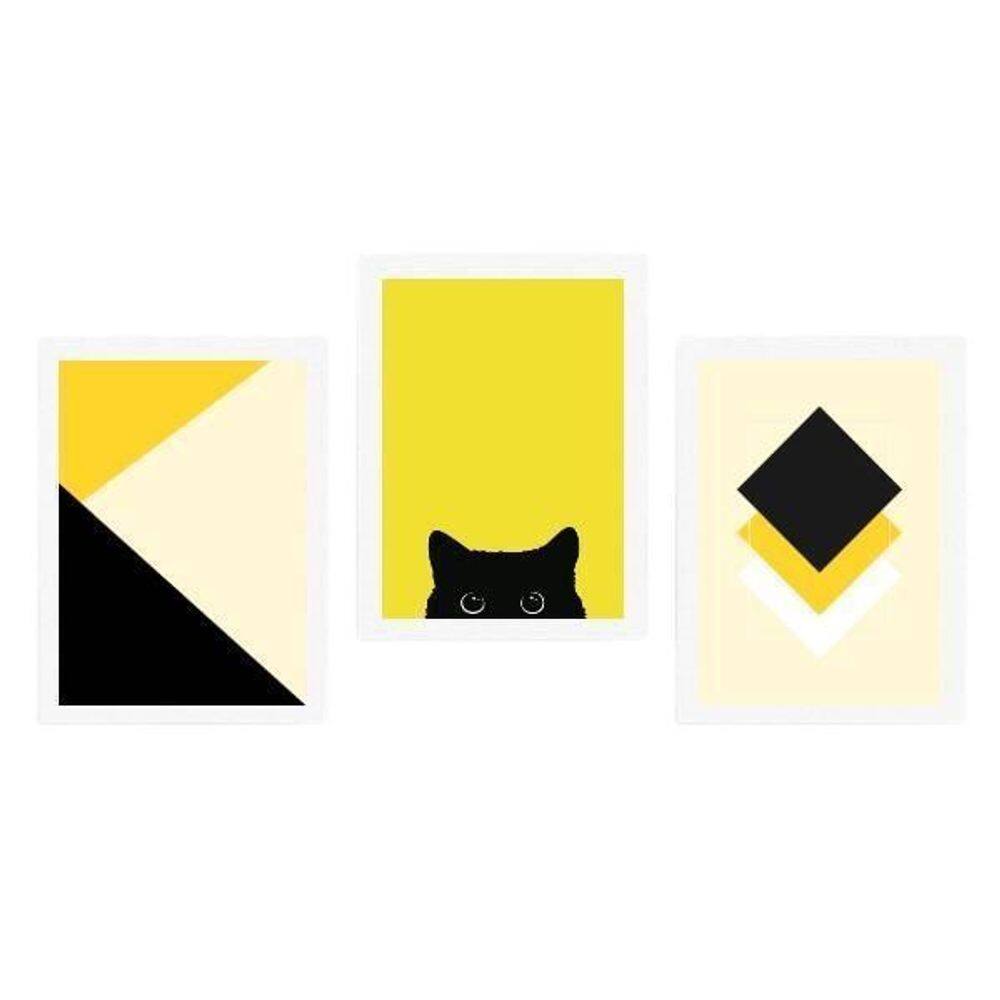 Quadros Gato Preto/Amarelo Moldura Branca 24X18Cm 3Un
