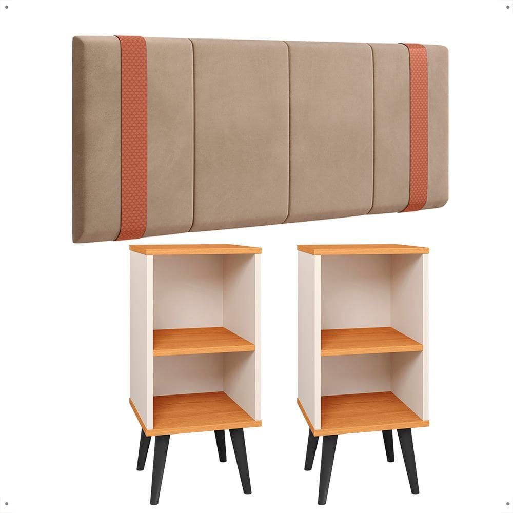 Kit 2 Mesinhas Off White/Cinamomo Canto Nicho Prateleira Cabeceira Suspensa Almofadada Cama Box Casal 1,40 Detalhe Lateral Bege Suede - Lojas RPM