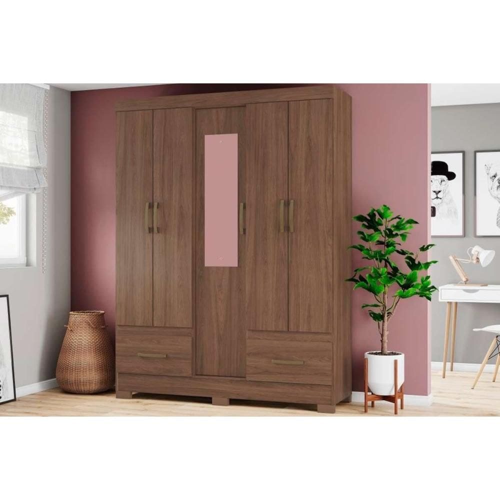Guarda Roupa Casal 5 Portas (1 c/ Espelho) e 2 Gavetas Briz B60 Castanho - Henn
