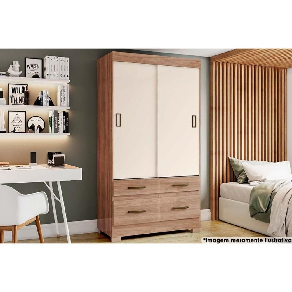 Guarda Roupa Casal 2 Portas de Correr e 4 Gavetas c/ Pés Briz BE25 Flex Jequitiba/Jequitiba ou Off White - Henn