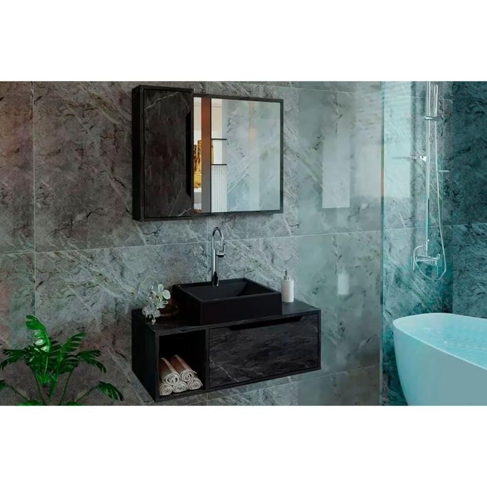 Gabinete de Banheiro Balcão Suspenso BN3644 e Balcão c/ Rodízios BN3643 80cm e Armário c/ Espelho BN3645 80cm Mármore Lunar - Tecno Mobili