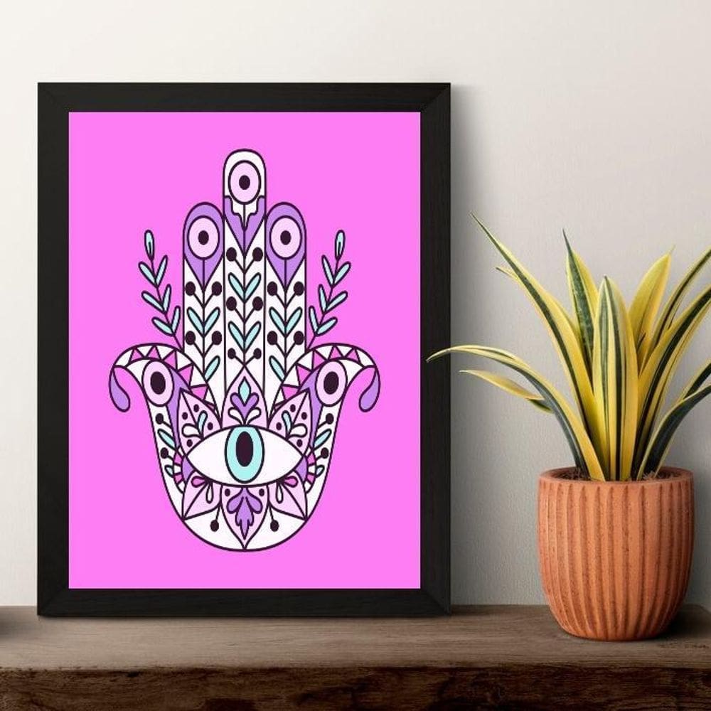 Quadro Esotérico Olho Grego E Hamsa - Lilás 33X24Cm