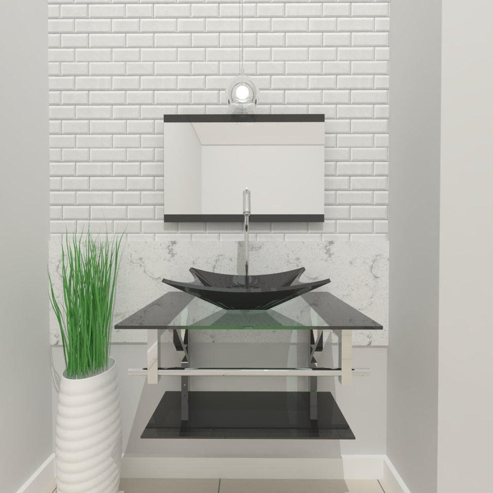 Gabinete Vidro 60Cm Inox Cuba Retangular Grafite + Torneira
