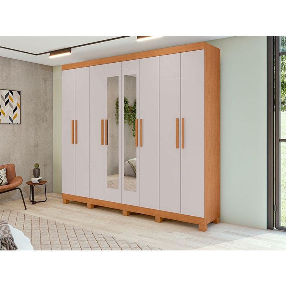 Guarda Roupa Casal Ambiente Andara Soft 8 Portas Amêndoa Clean Off White com Espelho e Pés - Lopas