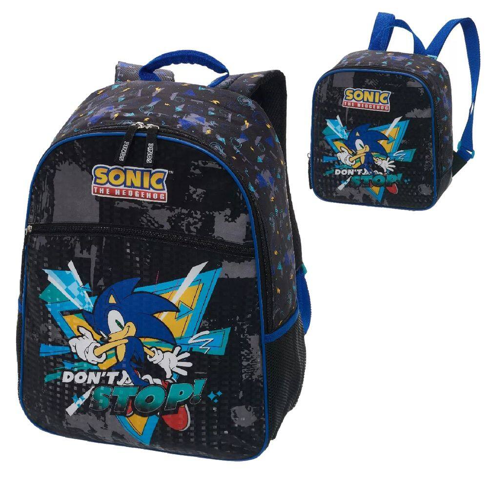 Kit Mochila e Lancheira Escolar Infantil Sonic Don`t Stop