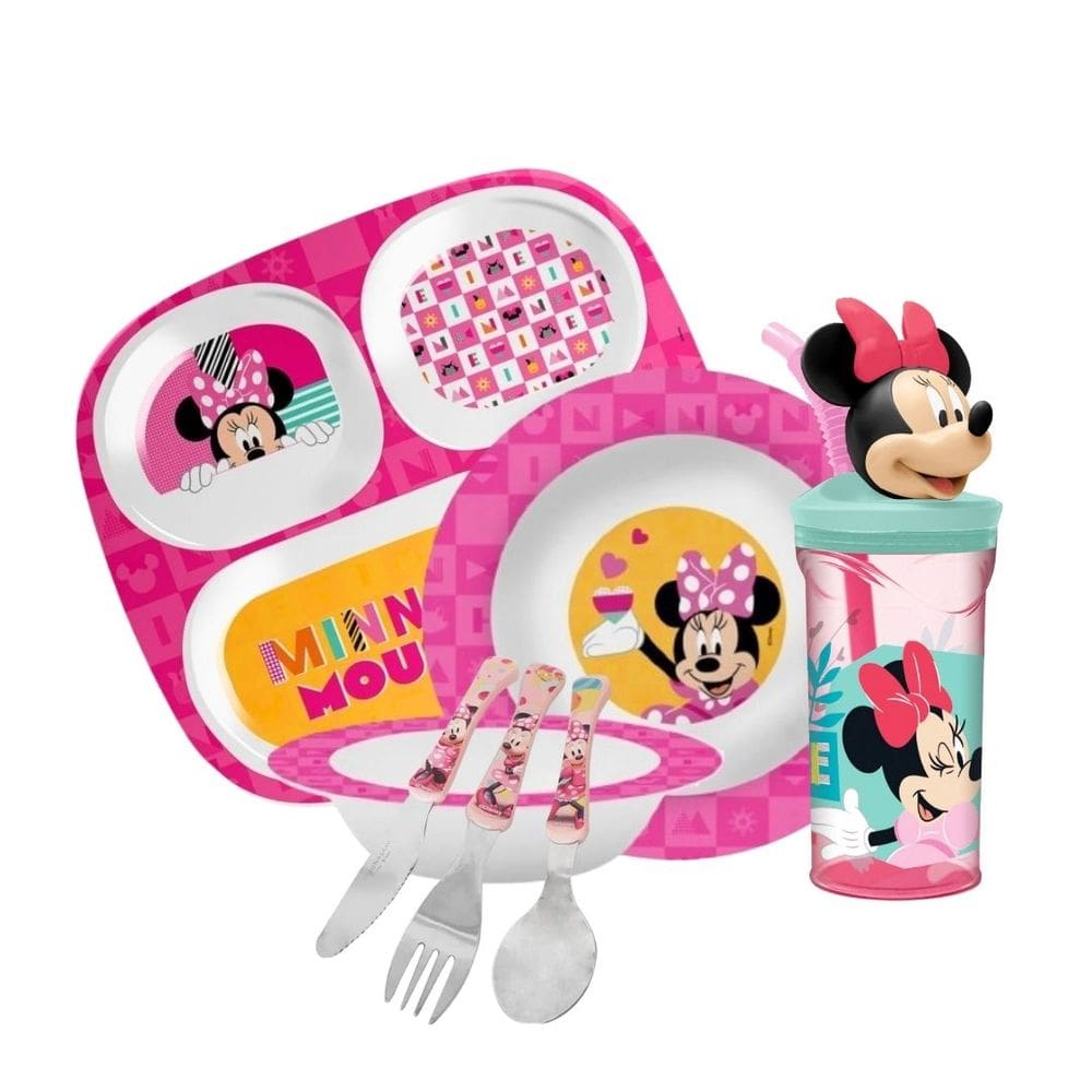 Kit Refeição Infantil Minnie 7 Peças Melamina, Copo 3D e Talheres Inox - Tuut