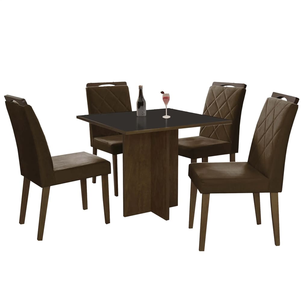 Mesa de Jantar Los Angeles 120x80cm em Linho com 4 Cadeiras Minas Plac Cor Canela Grafite com Tecido Marrom