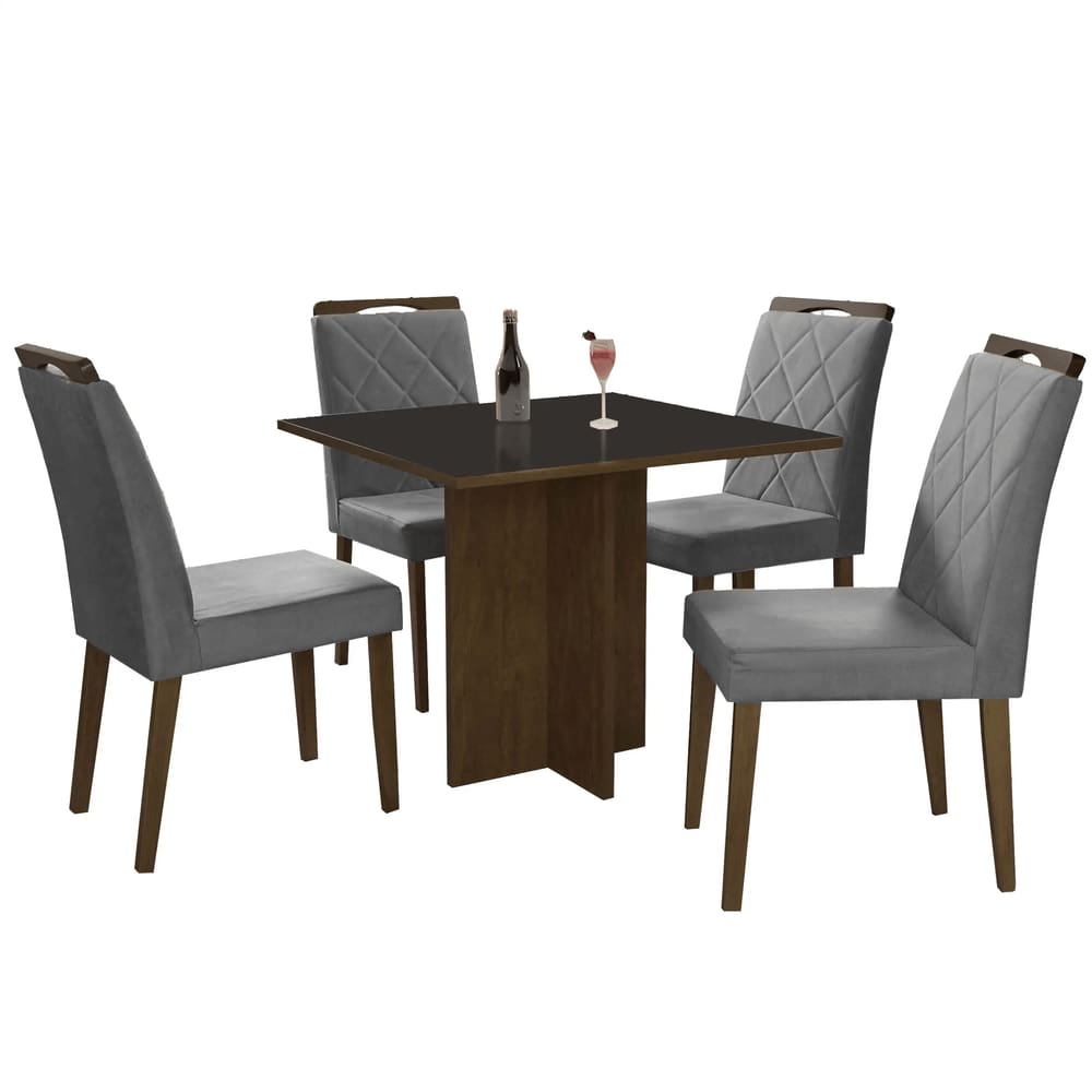 Mesa de Jantar Los Angeles 120x80cm em Linho com 4 Cadeiras Minas Plac Cor Canela Grafite com Tecido Cinza