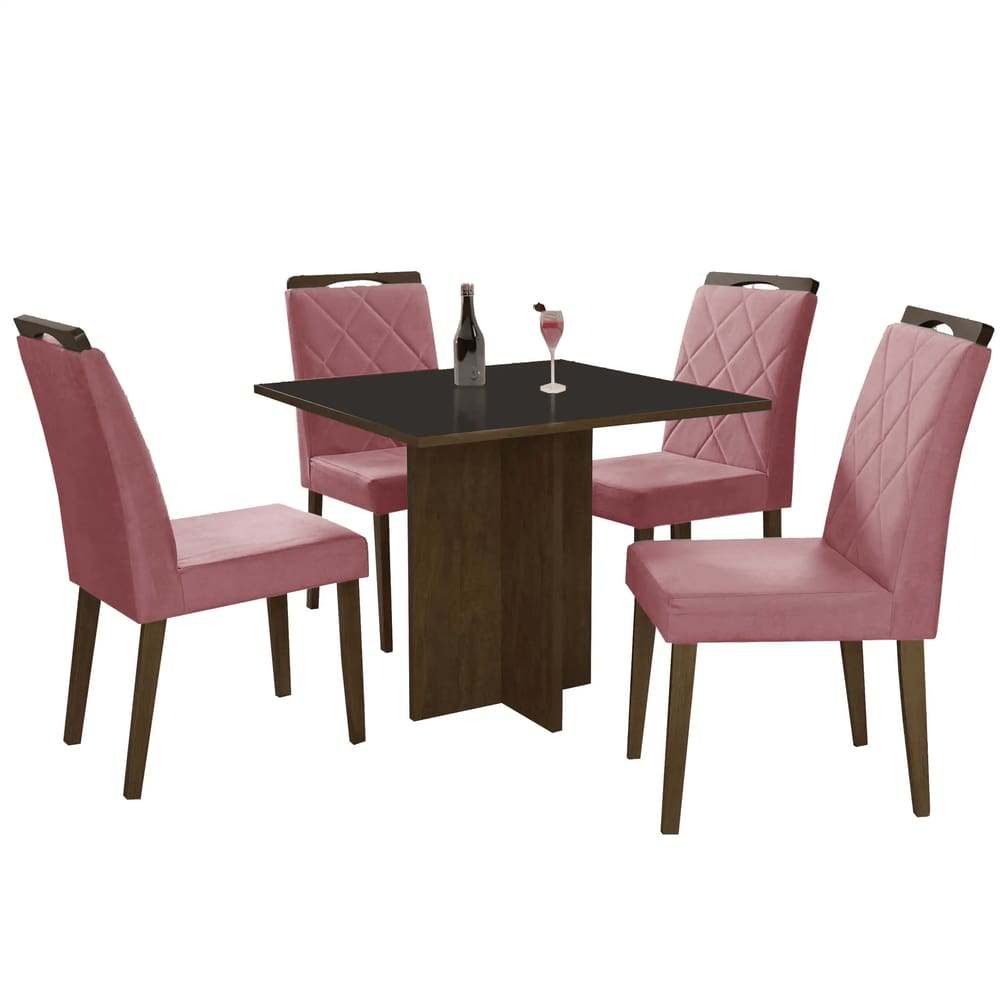 Mesa de Jantar Los Angeles 120x80cm em Linho com 4 Cadeiras Minas Plac Cor Canela Grafite com Tecido Rose