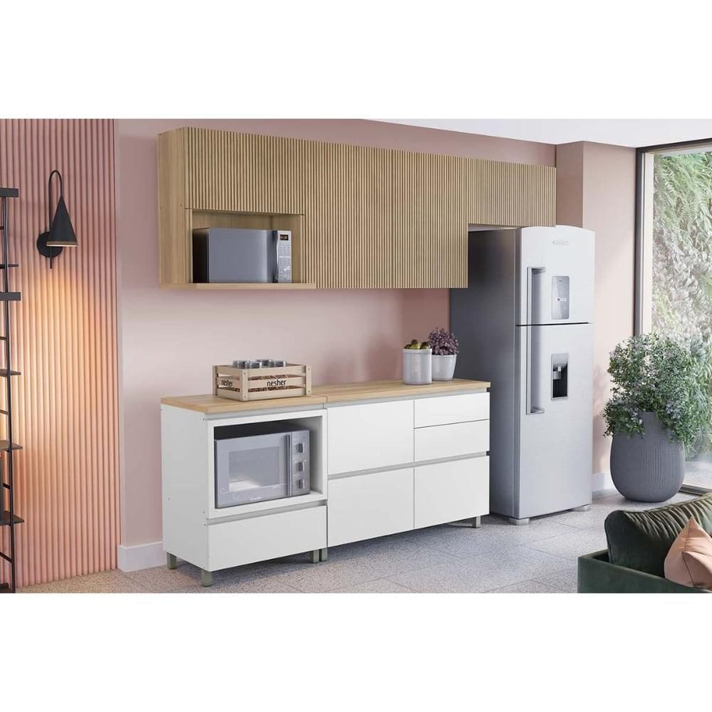 Cozinha Completa Rainha 5 Peças (3Aéreos+2Balcões) C5P112 Nature/Branco - Nesher