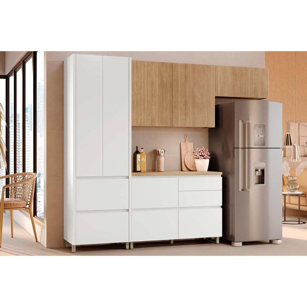 Cozinha Modulada Completa Rainha 4 Peças (2Aéreos+1Balcão+1Paneleiro) C4P158 Branca/Nature - Nesher
