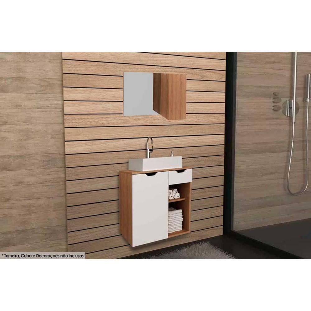 Armário c/ Balcão Banheiro Suspenso BN3605 s/ Cuba 60cm e Espelho BN3602 Amêndoa/Branco - Tecno Mobili