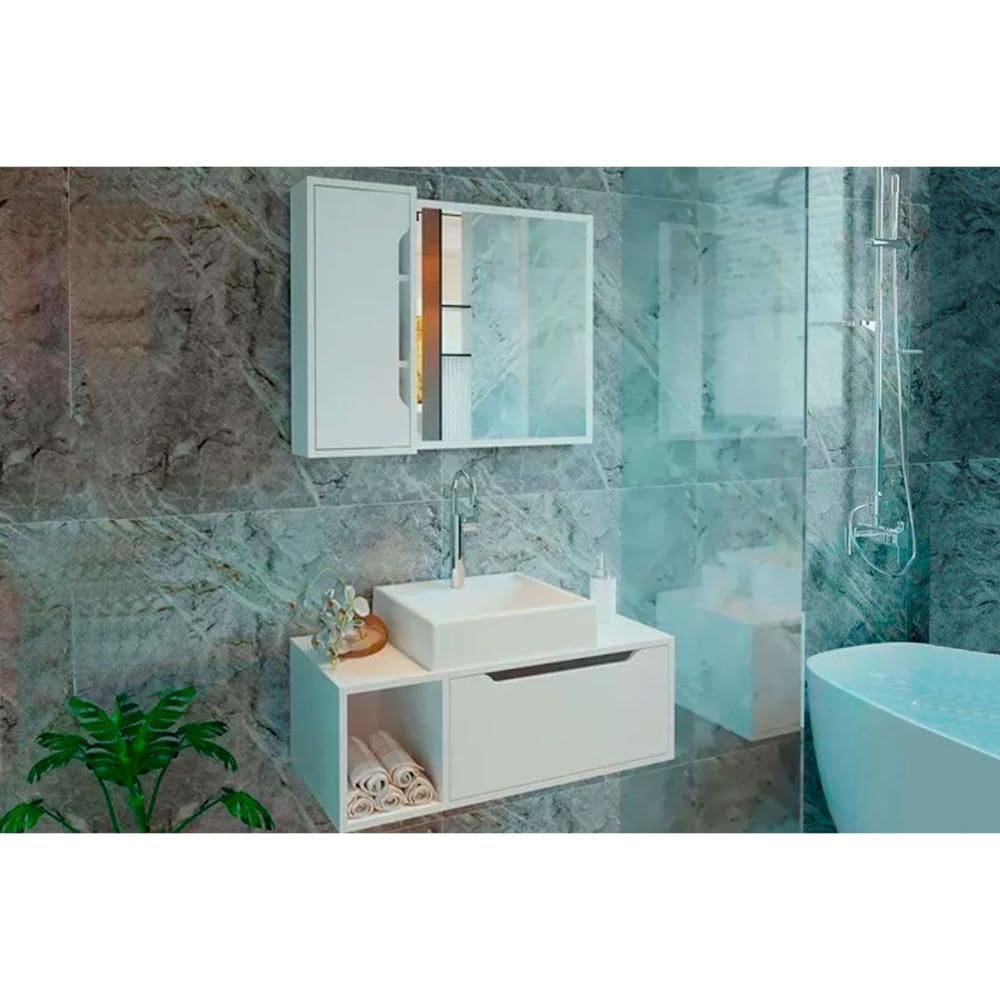 Balcão p/ Banheiro Suspenso BN3644 e c/ Rodízios BN3643 80cm e Armário c/ Espelho BN3645 80cm Branco - Tecno Mobili
