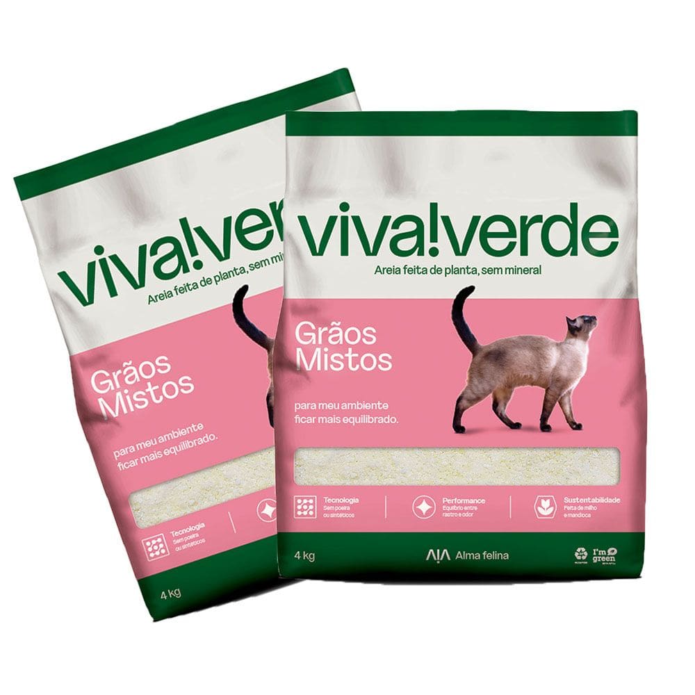 Kit 2 Areias Higiênicas Biodegradável Viva Verde Grãos Mistos Gatos 4kg