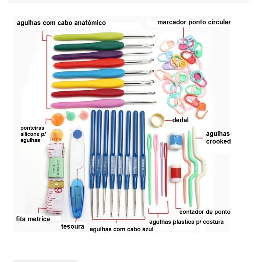 Kit Crochê Com 16 Agulhas E Acessórios com Caixa Organizadora cabo plastico e ponta de metal - Lindo