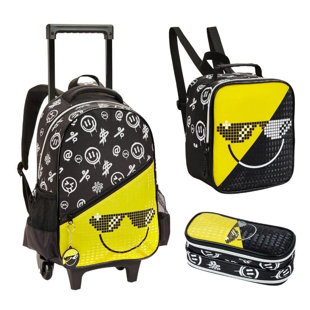 Kit Mochila De Rodinhas + Lancheira + Estojo Duplo Emoji Denlex