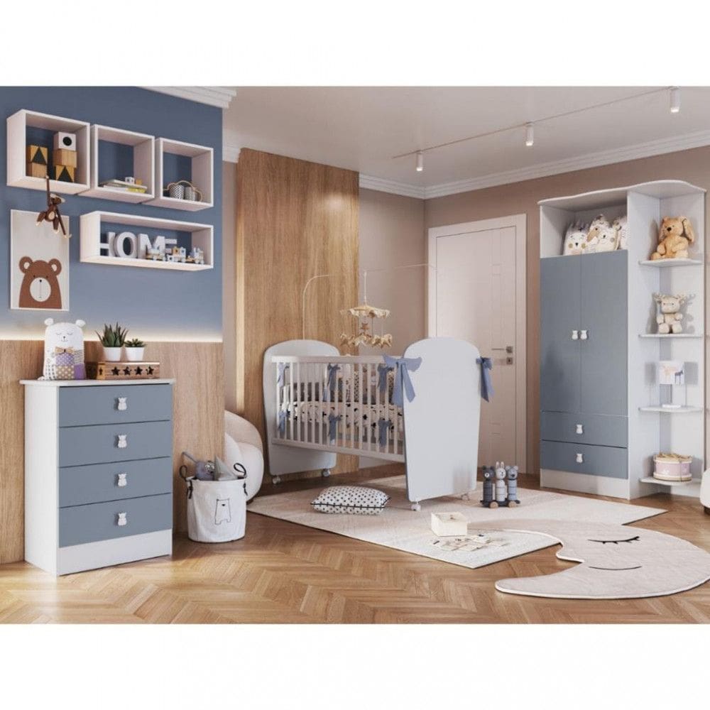 Quarto de Bebê Completo Guarda Roupa Cômoda e Berço com Rodízios Corujinha Percasa