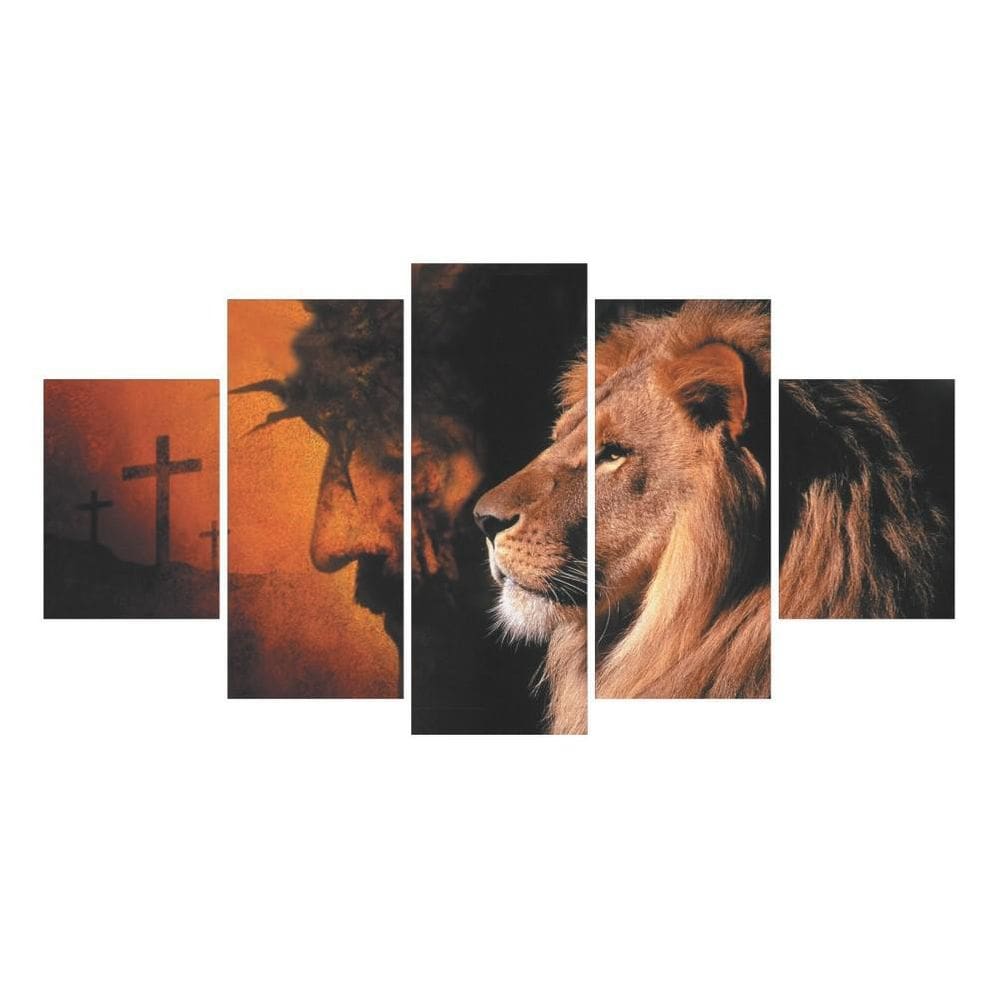 Conjunto 5 Quadros Decorativo Jesus Leão Religioso Biblia