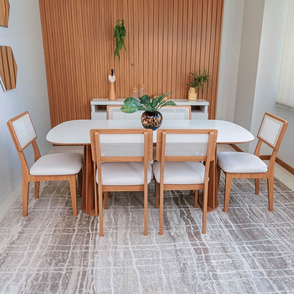 Conjunto Mesa Oval 6 Cadeiras de Jantar Encosto Tela 100% MDF Off White Cesare Claro Dalla Costa