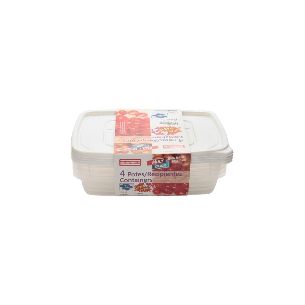 Conjunto de Potes São Bernardo em Plástico Branco Retangular Leve 4 Pague 3 1,2L
