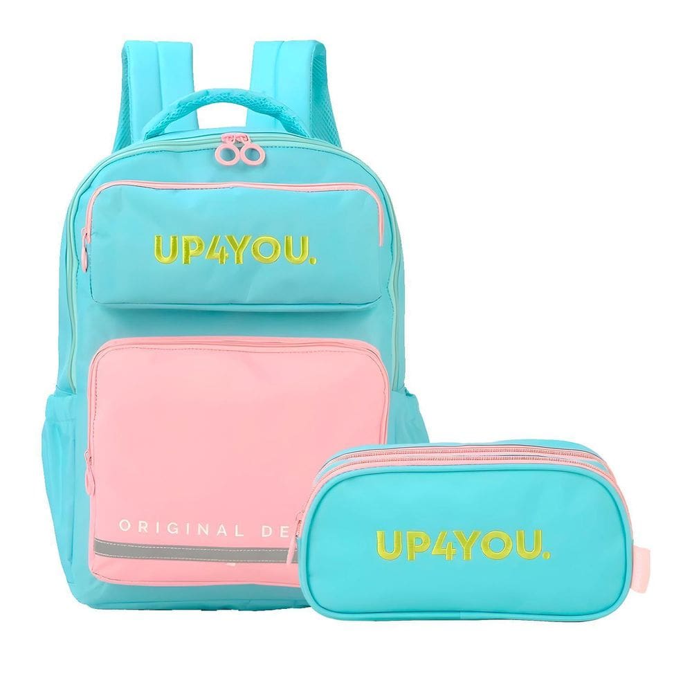 Mochila Escolar E Estojo Up4You Verde Claro E Rosa