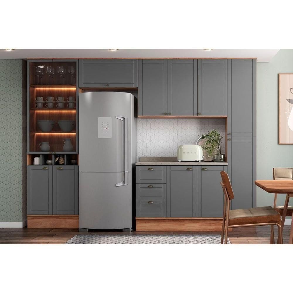 Cozinha Modulada Completa Bella 5 Peças 2 Aéreos + 1 Balcão+ Cristaleira + 1 Paneleiro C5p202 Nogal Cinza