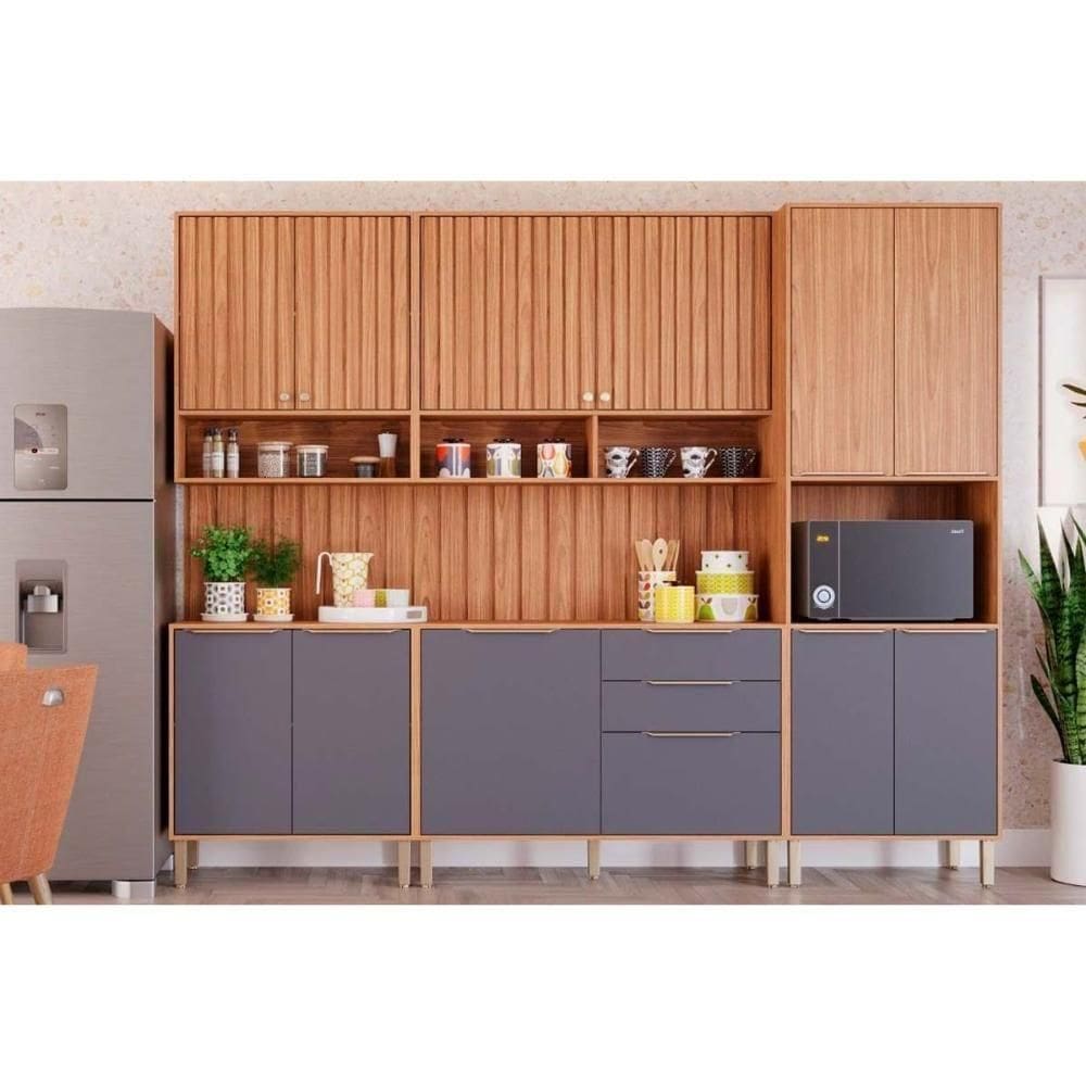 Cozinha Modulada Completa 7 Peças 2 Aéreos + 2 Balcões + 1 Paneleiro + 2 Complementos Cz011 Freijó Titanium