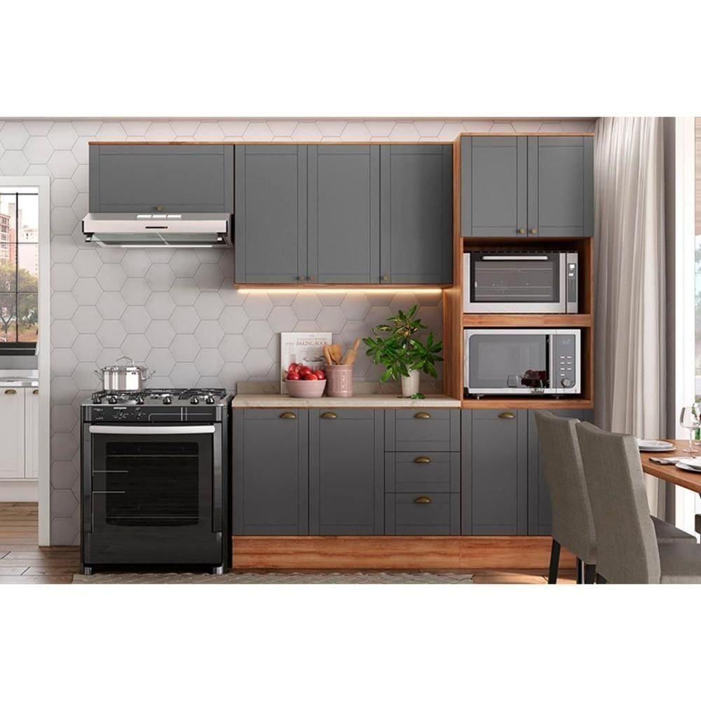 Kit Cozinha Modulada 4 Peças Bella 2 Armários + 1 Balcão + 1 Paneleiro C4p57 Nogal Cinza