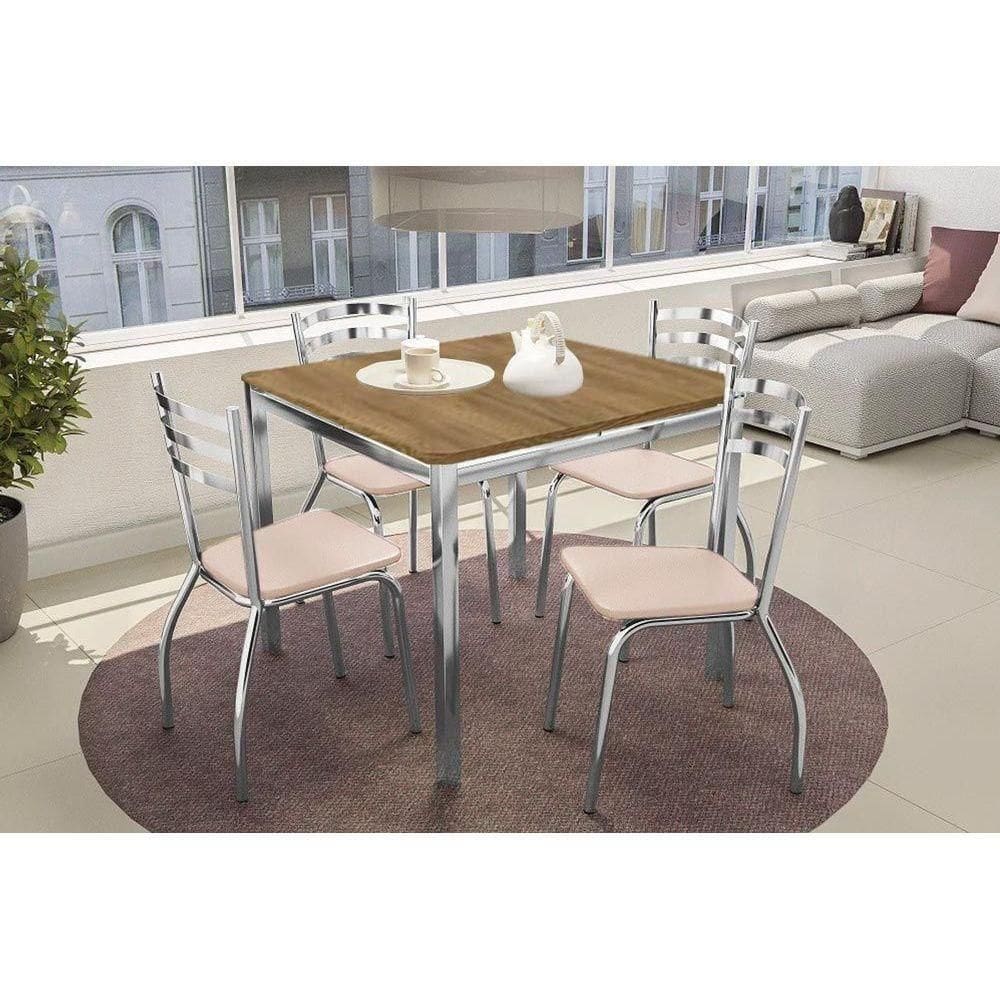 Conjunto Mesa Sala Jantar Reno Com Tampo De Madeira 90cm E 4 Cadeiras Portugal Cromada Nude 16 Kappesberg