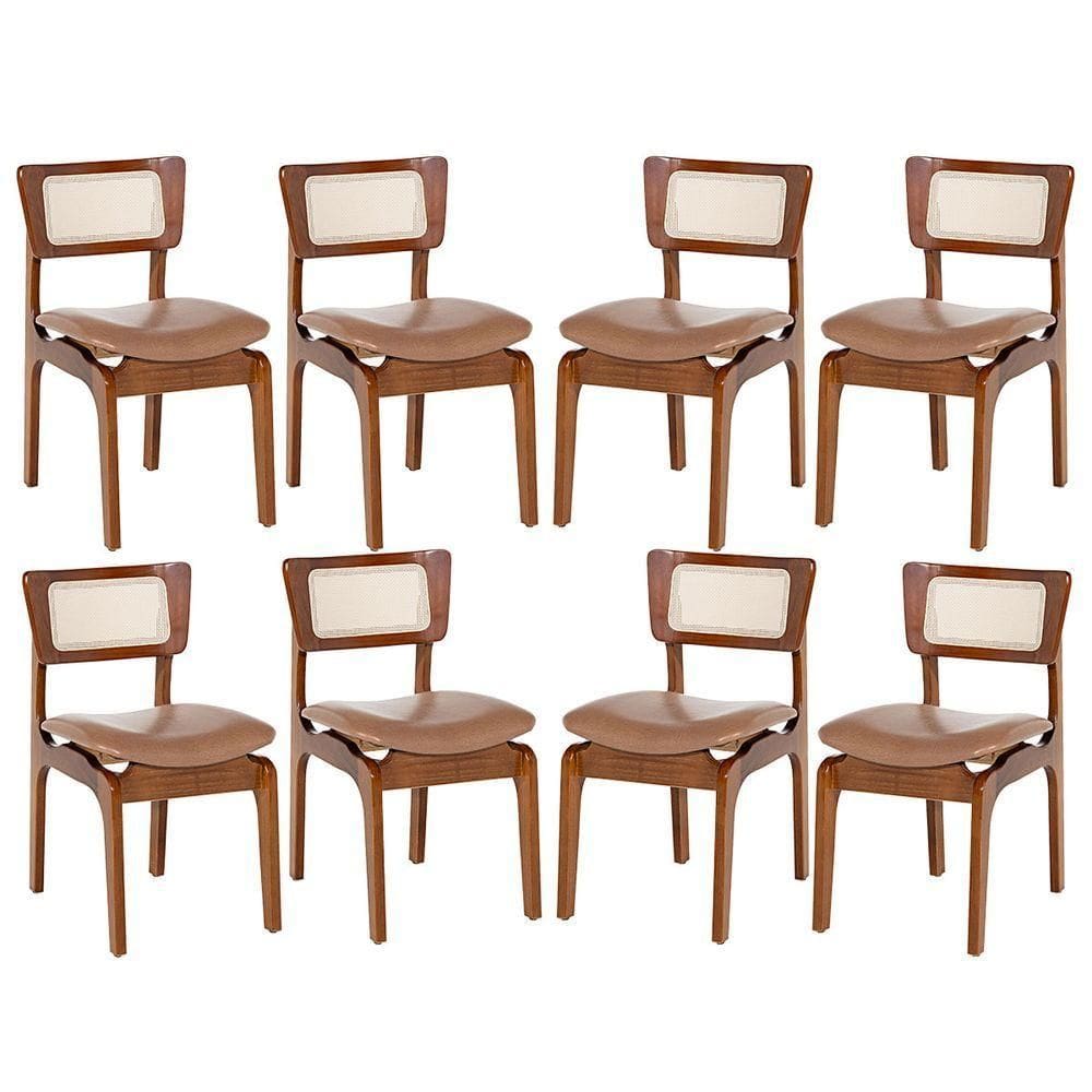 Kit 8 Cadeiras De Jantar Portugal Em Madeira Imbuia Com Tela Rattan Impermeável Caramelo L85
