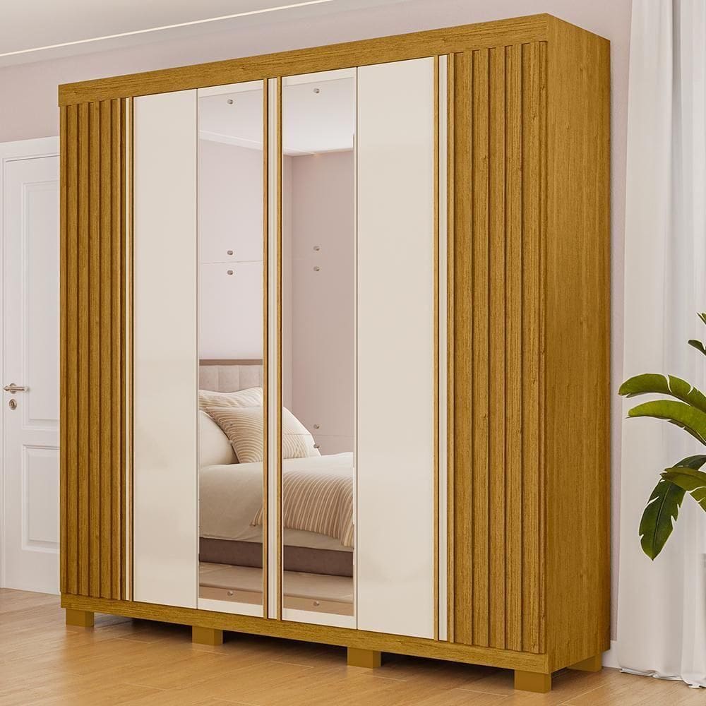 Guarda Roupa Casal Suíça Com Espelho 6 Portas Linhamobília Cinamomo Off White