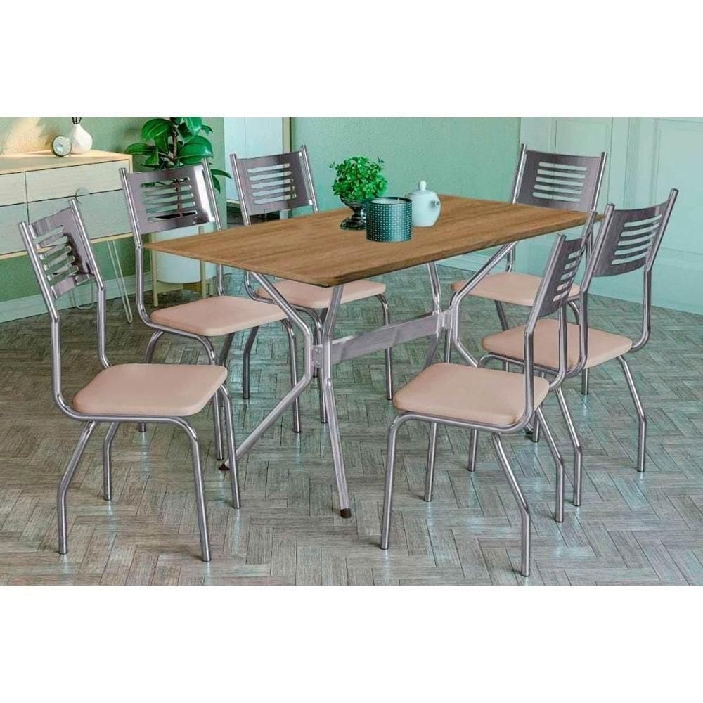 Conjunto Mesa Sala Jantar Loire Com Tampo De Madeira 160cm E 6 Cadeiras Nápoles Cromada Nude 16 Kappesberg