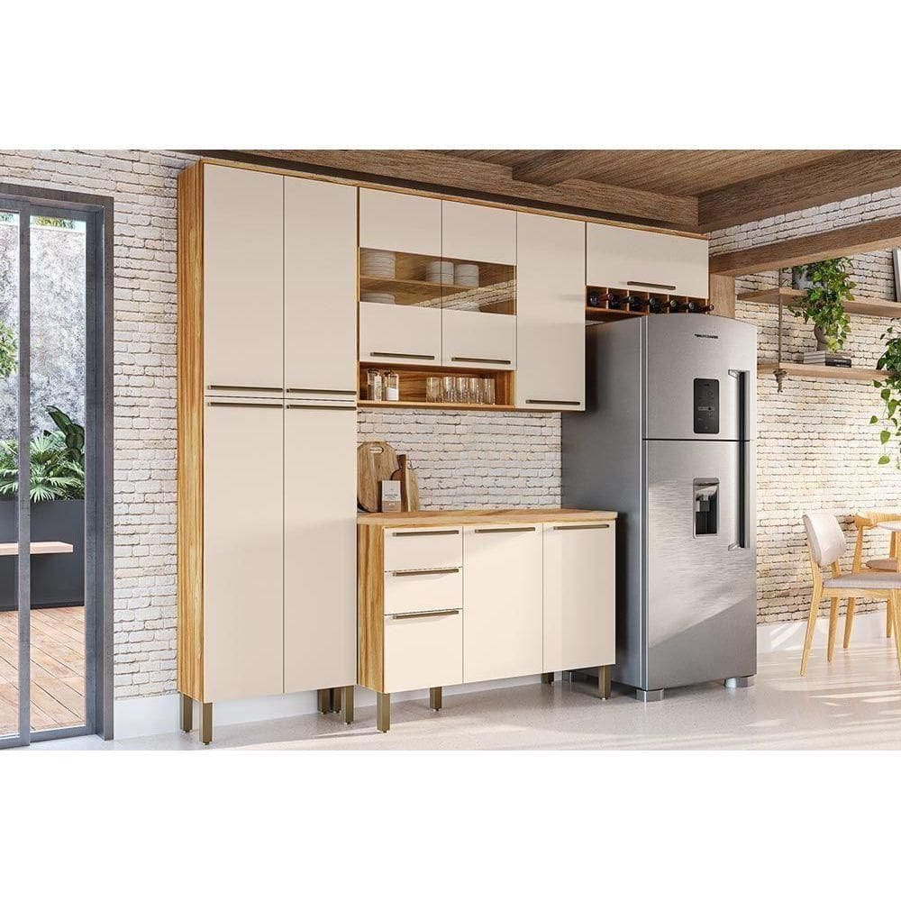 Cozinha Completa 4 Peças Nápoli 2 Aéreos 1 Balcão 1 Paneleiro C4p01 Amendoa Off White Ronipa