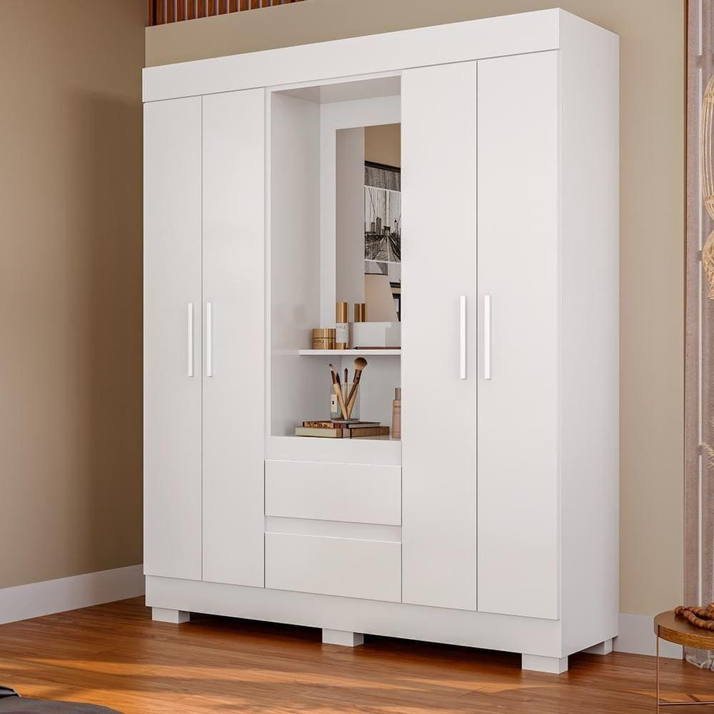 Guarda Roupa De Casal Portugal Com Espelho 4 Portas Linhamobília Branco