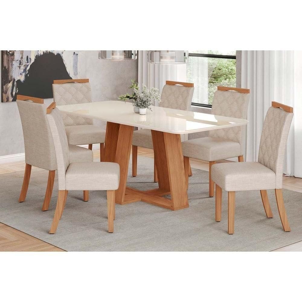 Conjunto Mesa De Cozinha Lins Com Tampo Madeirado Com Vidro Curvo 200x90cm E 6 Cadeiras Bella Nature Linho Henn