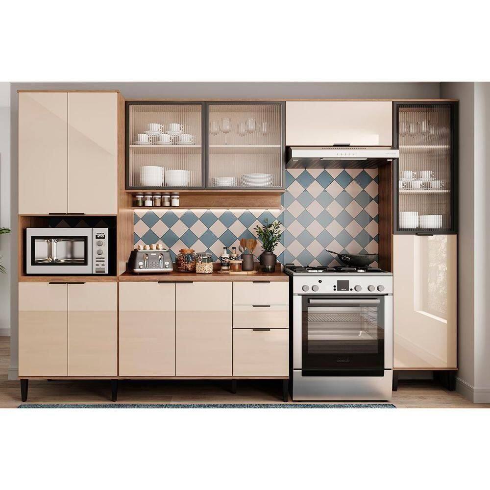 Cozinha Modulada Completa Alpha 5 Peças 2 Aéreos + 1 Balcão + 1 Paneleiro + 1 Torre Quente C5p69 Freijó Off White
