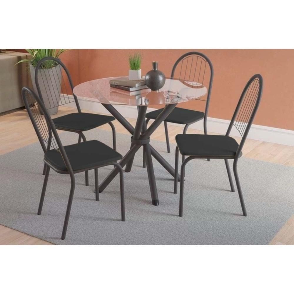 Conjunto Mesa De Cozinha Volga Com Tampo De Vidro 95x95cm E 4 Cadeiras Noruega Preto Fosco Preto Kappesberg