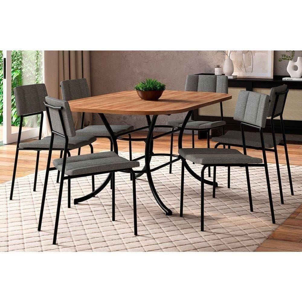 Conjunto Mesa De Cozinha 1547 Aço Com Tampo Madeirado 160x90cm E 6 Cadeiras Lou Preto Freijó Preto Grafite Carraro