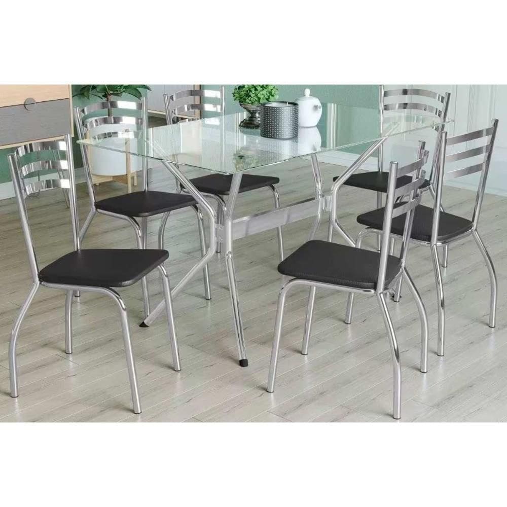 Sala De Jantar Loire Com Tampo De Vidro 80x140cm E 6 Cadeiras Noruega Cromada Preto