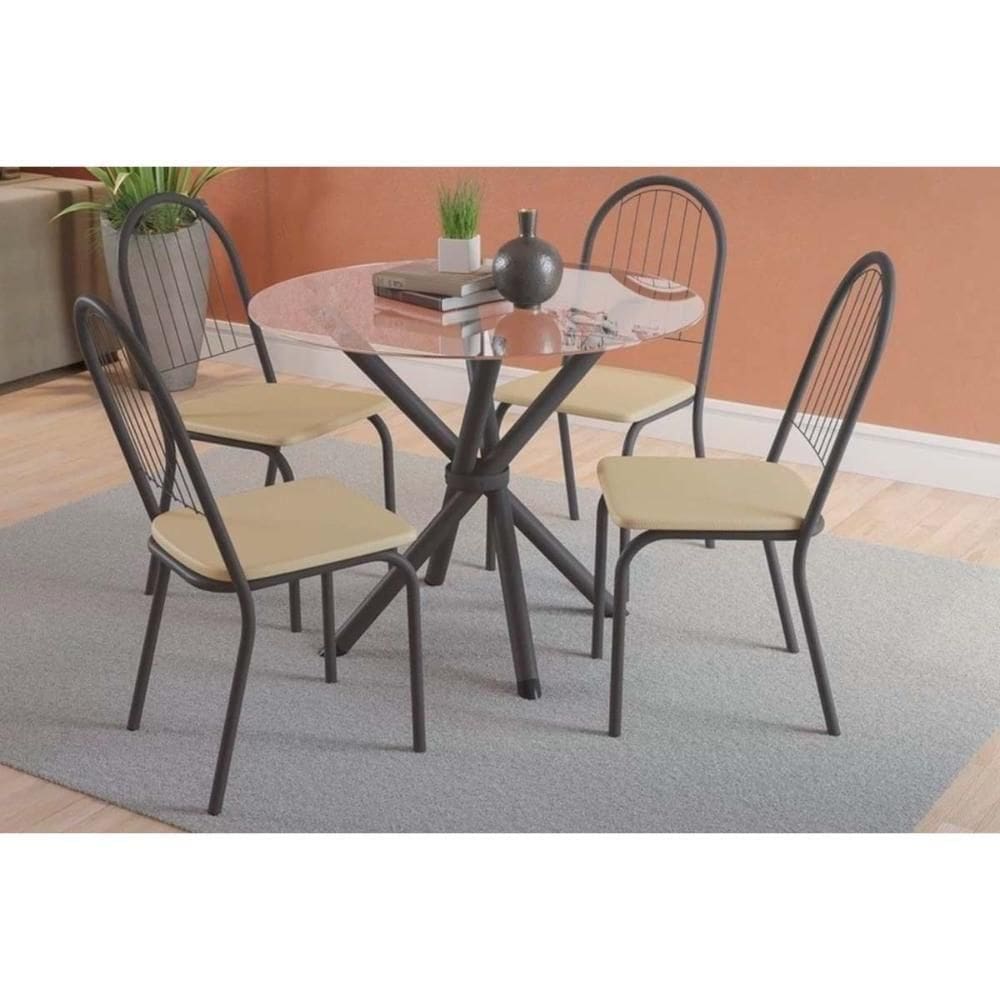 Conjunto Mesa De Cozinha Volga Com Tampo De Vidro 95x95cm E 4 Cadeiras Noruega Preto Fosco Capuccino Kappesberg