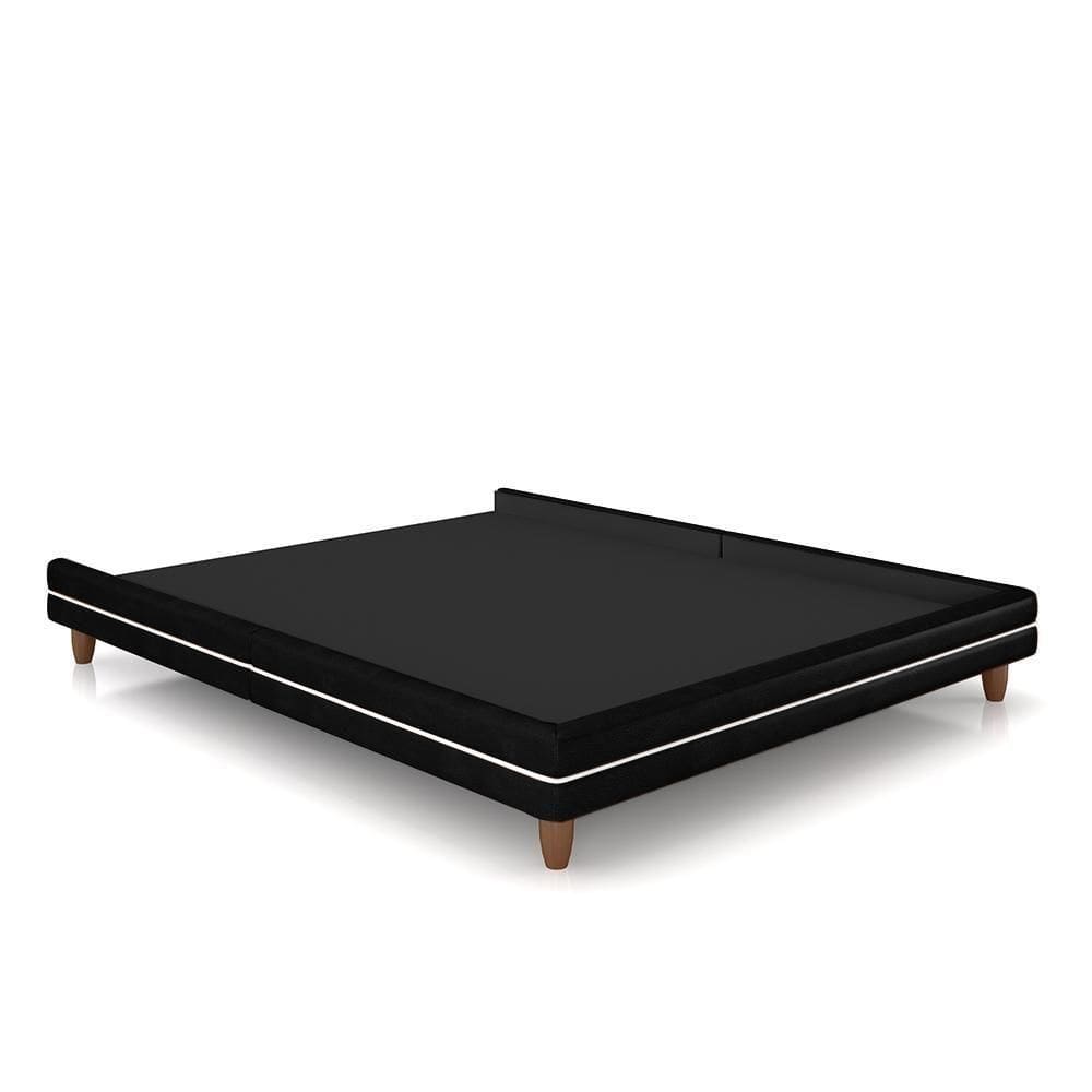 Cama Avulsa Para Colchão Casal Torres Pés Em Madeira Pu Preto G91 - Gran Belo
