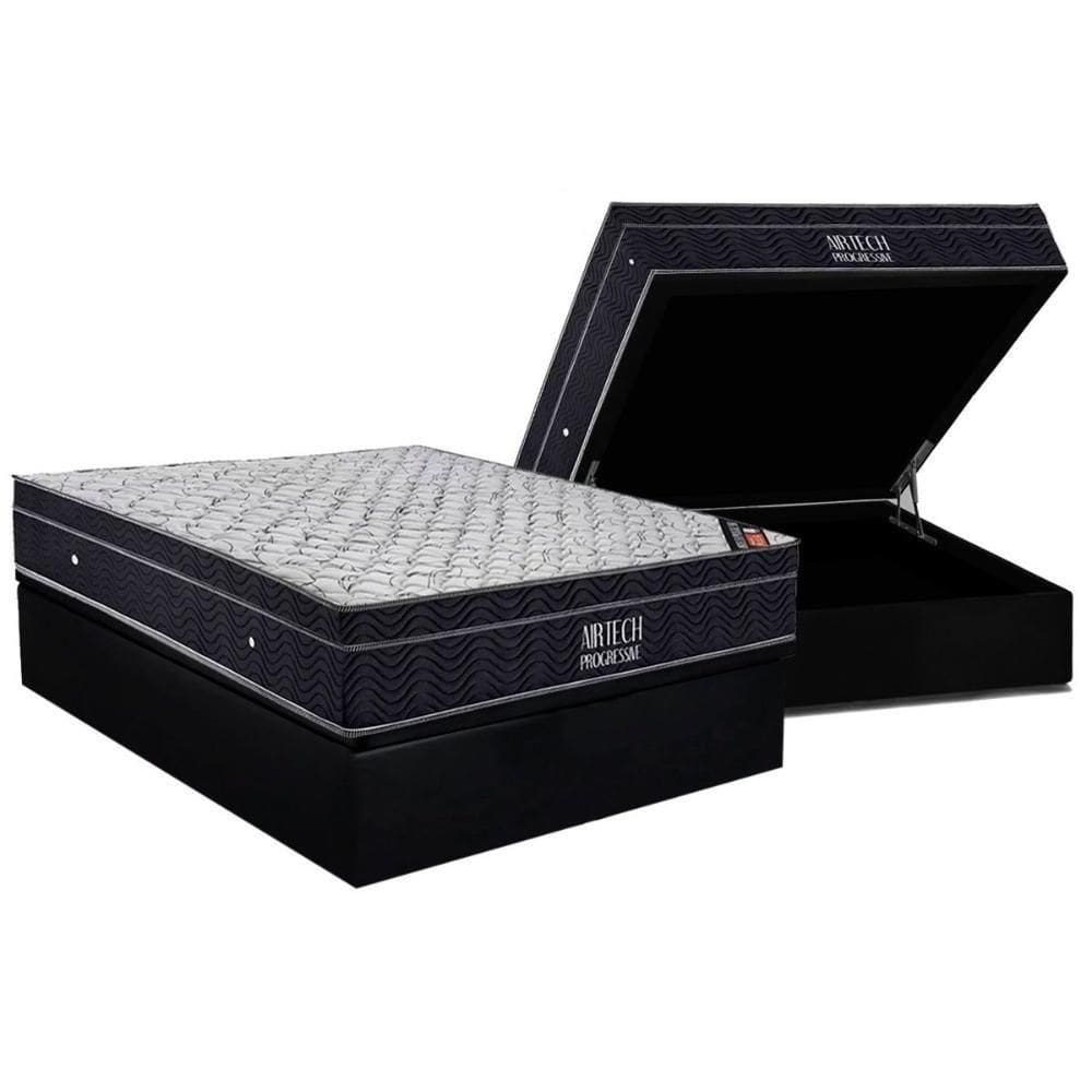 Cama Box Baú Casal: Colchão Molas Bonnel Ortobom Nanolastic Airtech Progressive + Base Crc Suede Black (138x188)