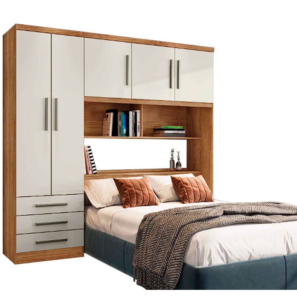 Guarda Roupa Mexico Casal com Cabeceira Baú 5 Portas 3 Gavetas e Prateleiras Rud Rack Cor Cedro Areia