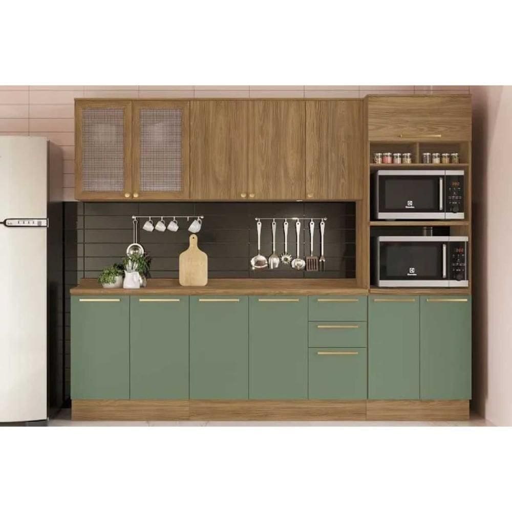Cozinha Modulada Completa Botanic 7 Peças 2 Aéreos + 2 Balcões + 1 Paneleiro + 2 Complementos C7p36 Nogueira Verde